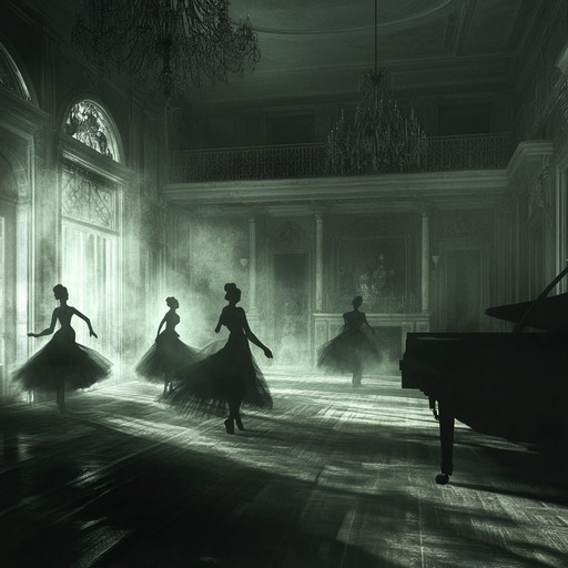 A desolate ballroom resonates with ghostly piano notes, casting chilling shadows and evoking a hauntingly beautiful waltz filled with melancholic nostalgia.