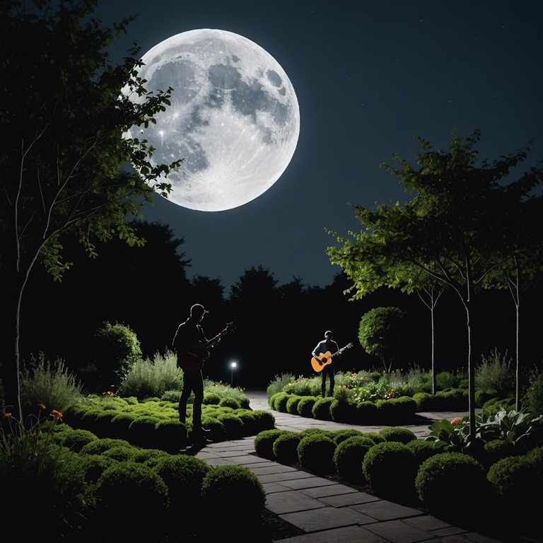 Imagine a sultry, evocative piece that captures the essence of a steamy, moonlit night. Soft, caressing sounds of a spanish guitar create a sound landscape filled with passion and mystery. This music seduces the senses, enveloping the listener in a blanket of intimate soundwaves.