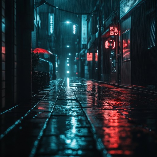 A pulsating synth melody combined with eerie electronic effects and dissonant harmonies recreates a nerve wracking journey through dark alleyways illuminated by flickering neon lights. The repetitive rhythmic patterns build anxiety, while the occasional distant echo adds an adjunct sense, making the listener feel on edge.