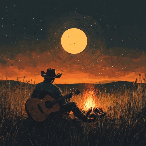 A sorrowful yet serene instrumental track reflecting the lonesome life of a cowboy as he plays his acoustic guitar at dusk. The music narrates solitude, surrounded by the whispering wind and distant sounds of nature, creating a contemplative and emotional atmosphere.