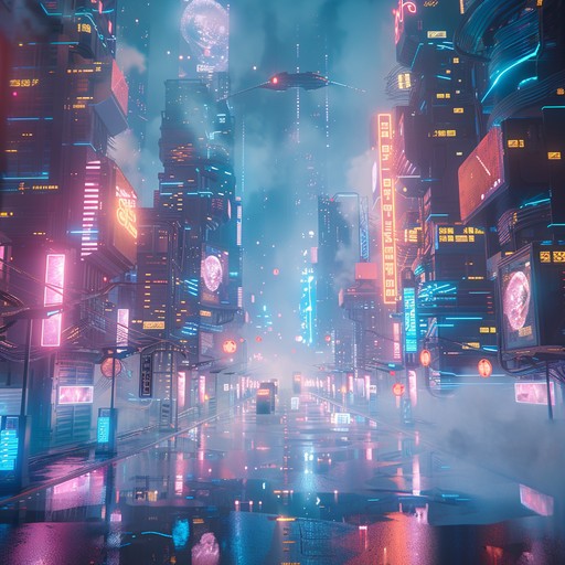 Imagine soaring through a neon lit cityscape in the year 3050, where towering skyscrapers blend with floating holograms and the hum of advanced technology. The ethereal synthesizers create a dreamy, otherworldly atmosphere, while the rhythmic beats keep you grounded in this futuristic dreamscape. Perfect for a sci fi film or a serene yet hypnotic meditation.