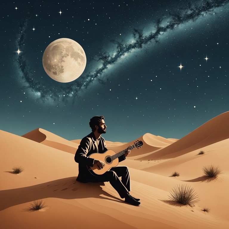 Embrace a night under the vast desert sky, enhanced by the resonating sound of the oud, echoing the rich cultural history of the middle east, soothing the spirit with its deep, reflective tones.