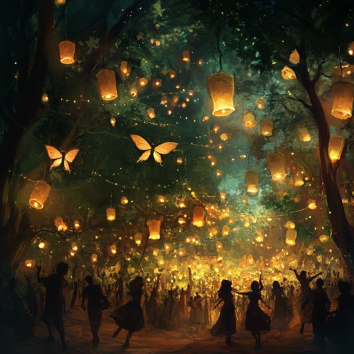 This charming composition brings forth the soundscape of a faerie festival with shimmering harp strings, joyous melodies, and celebratory energy. It paints a scene of dancing lights and mystical celebrations in an enchanting forest glade.