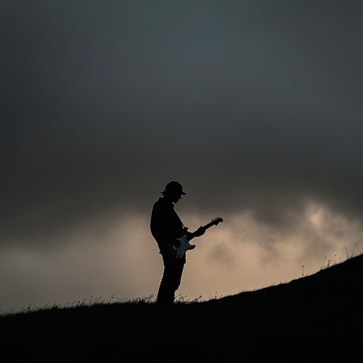 An immersive electric guitar solo that captures the fleeting moments between day and night, portraying a transition from light to dark through a series of sustained notes and reverberating strings. The piece conjures images of a solitary figure playing against a backdrop of vanishing sunlight, weaving sounds that reflect the melancholy and mystery of twilight.