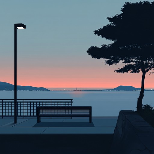 A soothing, calming jingle with delicate, melodious tones inspired by a tranquil evening by the waterfront, promoting feelings of peace and relaxation through gentle, ambient sounds.