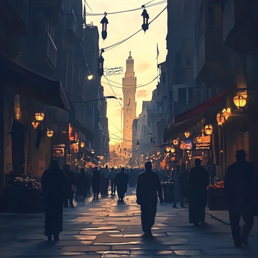 An evocative soundscape that captures the essence of cairo canopied under a crimson dusk, where the old world meets new beats in a mesmerizing aura.