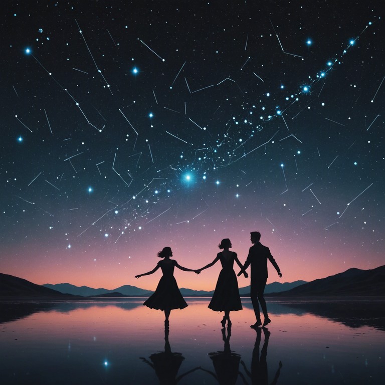 Close your eyes and imagine celestial beings in graceful orbit, their movements choreographed by the gravity of melody. As the orchestra plays, each waltz step and spin seems to trace the arcs of planets against the backdrop of a velvet cosmos.