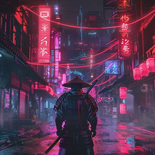 A powerful track fusing aggressive electric guitar riffs with dynamic, fast paced drum beats, perfect for an urban samurai battle setting. The music transitions from intense and driving to more melodic sections, evoking images of sleek, high tech warriors clashing in a futuristic cityscape.