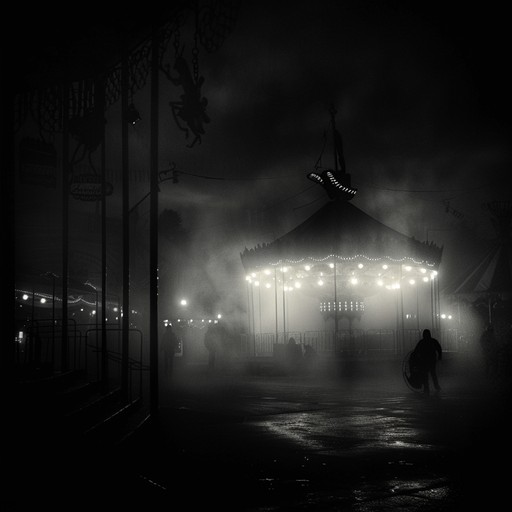 Imagine a desolate fairground at night, with creepy carousel music echoing through the mist, accompanied by the distant screams of tortured spirits and the clanking of old, rusted rides. The melody is haunting and dissonant, featuring a pipe organ, accordion, and ghostly sound effects, creating an atmosphere of dread and despair.