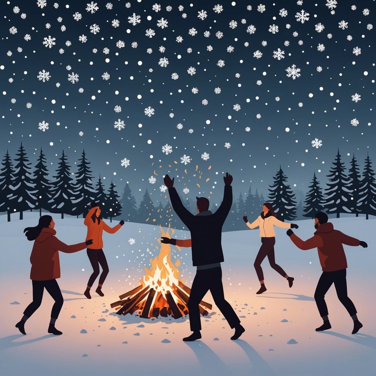 In a snowy village scene, the community comes together around a central bonfire, celebrating the cold months with a dance driven by an accordion player at the heart of the festivities. Children play, adults dance, and the whole village is aglow with festive lights and decorations.