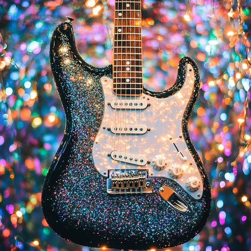 An energetic instrumental glam rock track featuring lively rhythms, dazzling guitar solos, and sparkling synths that capture the exuberant spirit of the glam era, creating a festive and joyous atmosphere.