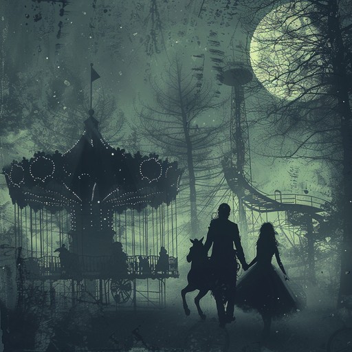 An eerie waltz plays from a decrepit, abandoned carousel, its once vibrant colors faded and chipped. The haunting melody echoes through the empty fairground, as if the ghostly figures of the past are still riding the worn horses, forever trapped in a macabre dance. The dissonant notes of the pipe organ mingle with the creaking of the rusted machinery, creating an unsettling atmosphere that sends shivers down your spine.