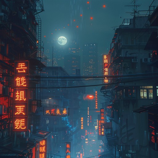 Experience the serenity of a nighttime city bathed in neon lights, where tranquil yet mysterious synths create a soothing and enigmatic atmosphere.