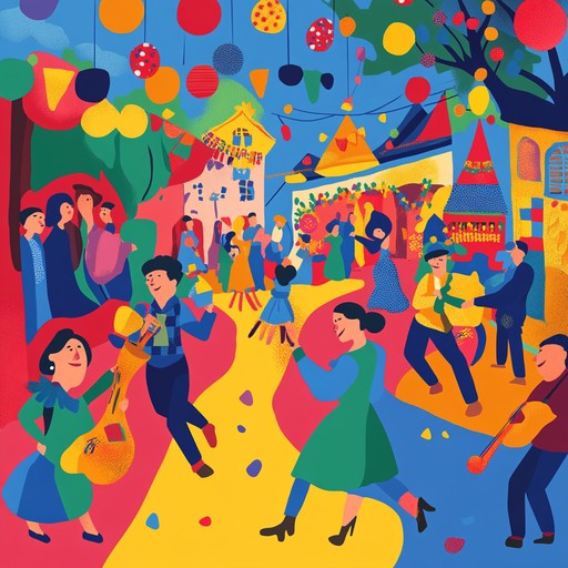 This energetic klezmer piece captures the essence of a joyous carnival, with a dynamic clarinet leading the charge and vibrant accordion and percussion providing an infectious rhythm that drives spirited dancing and jubilant celebrations.