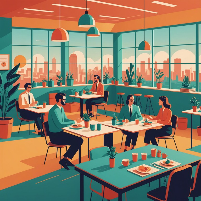 This playful composition, infused with a gentle melody and light rhythms, captures the essence of a cheery workplace during lunch hour, enhancing feelings of contentment and camaraderie among colleagues.