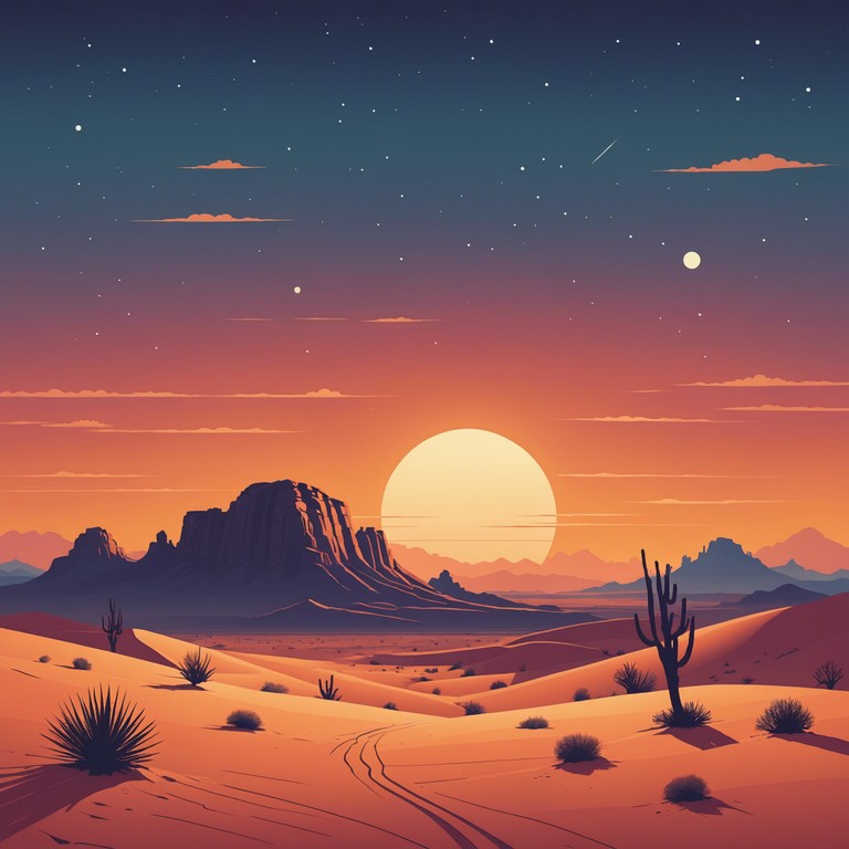 This instrumental track mimics the sweeping and mysterious atmosphere of a desert at dusk, utilizing slow, swirling synthesizer sounds to create an auditory vision of solitude and vastness in the sands.