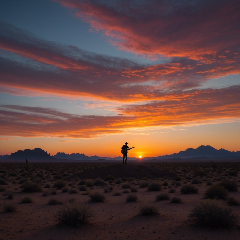 This track features acoustic guitar melodies weaving through soundscapes reminiscent of expansive desert vistas at sunset. Dusty trails and distant mountain silhouettes infuse each note with a sense of peace and vastness.