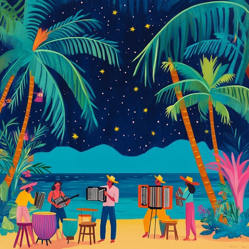 An infectious instrumental cumbia track that evokes the thrill of dancing late into the night under a canopy of tropical stars, featuring lively accordion melodies and driving percussion that create a festive and joyful atmosphere.