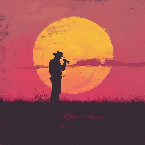 The composition portrays a cowboy alone with his thoughts as the sun dips below the horizon, using harmonica and guitar to blend haunting melancholia with warm nostalgia, evoking images of a vast, silent desert and introspective solitude.