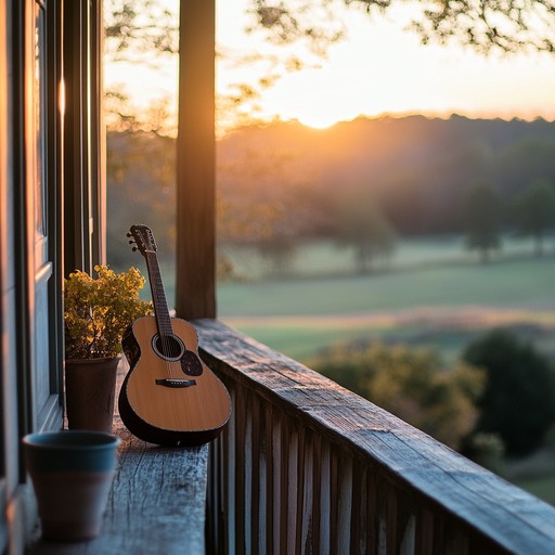 Envision an evening sunset casting a mellow glow over a peaceful countryside. The soothing sound of an acoustic guitar gently strumming creates a serene, nostalgic atmosphere, perfect for unwinding and reflecting.