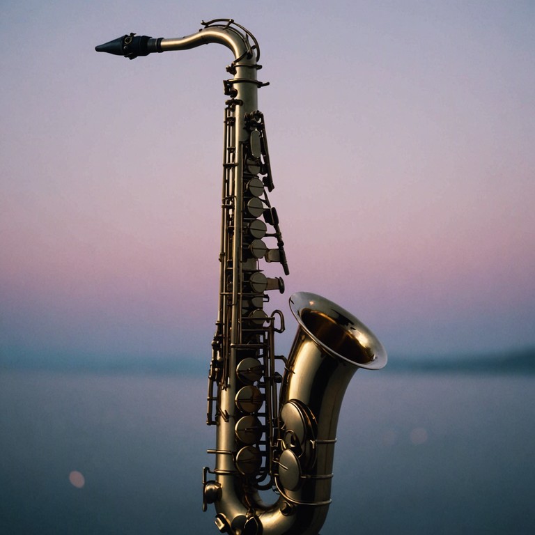 The evening breeze carries the soft, soulful sounds of a saxophone playing gentle melodies, encapsulating feelings of nostalgia and romantic serenity as the sky darkens and stars begin to appear.