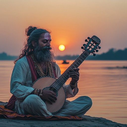 As the sun sets over the sacred river ganges, a lone musician sits on the ghats, plucking the strings of their sitar. The music blends with the evening air, invoking a deep sense of peace and contemplation among the listeners. The melodic structure of the raga plays intricately with the natural sounds near the river, creating a soundscape that captures the essence of a mystical indian evening.