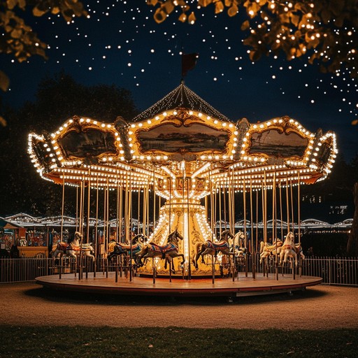 A dreamy instrumental piece evoking an enchanted nighttime carousel ride, filled with whimsical, theatrical elements, and a touch of nostalgia. The music captures the sense of childlike wonder and magical realism, combining lush orchestral strings with a hauntingly beautiful melody that dances through the air like a soft whisper, creating a mesmerizing and ethereal atmosphere.