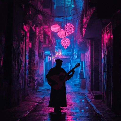 A vibrant instrumental hip hop track intertwining urban rhythms with enchanting oud sounds, evoking the bustling energy and mystery of city nights illuminated by exotic melodies.