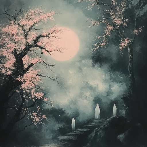 An eerie instrumental j pop track, featuring a delicate and ethereal melody echoing through the mist of a moonlit night, simulating ghostly whispers among cherry blossoms, evoking a sense of melancholy and otherworldly beauty