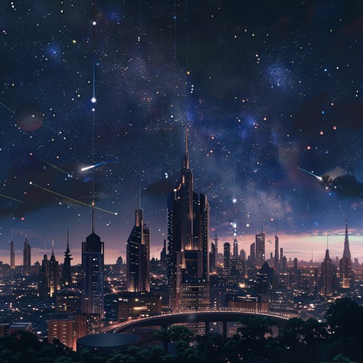 A captivating instrumental journey through a retro futuristic cityscape, with evocative synths painting a dreamy and nostalgic escape under a starry night. The music builds with layers of shimmering pads, lush basslines, and echoing melodies, creating an enchanting soundscape that feels both intimate and expansive.