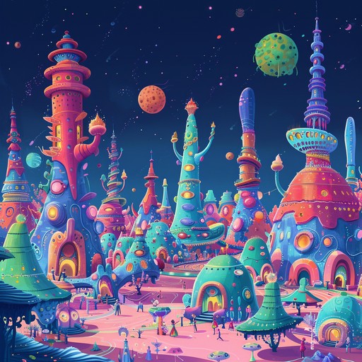 A mesmerizing journey through a galactic festival, where distorted synth lines and joyful rhythms encapsulate the surrealism of an otherworldly parade, blending the eerie with the celebratory.