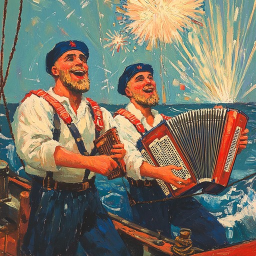 A festive instrumental piece that captures the spirit of russian naval festivities, celebrating the bravery and camaraderie of sailors on their ocean voyages.