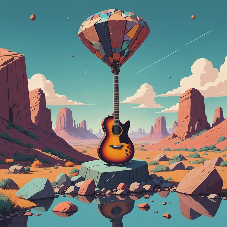 Imagine a playful journey through a landscape of sound, where hard rock rhythms meet unexpected, whimsical twists. The electric guitar leads the way, creating a blend of solid rock with playful surprises around every bend, evoking a feeling of joy and creative freedom.