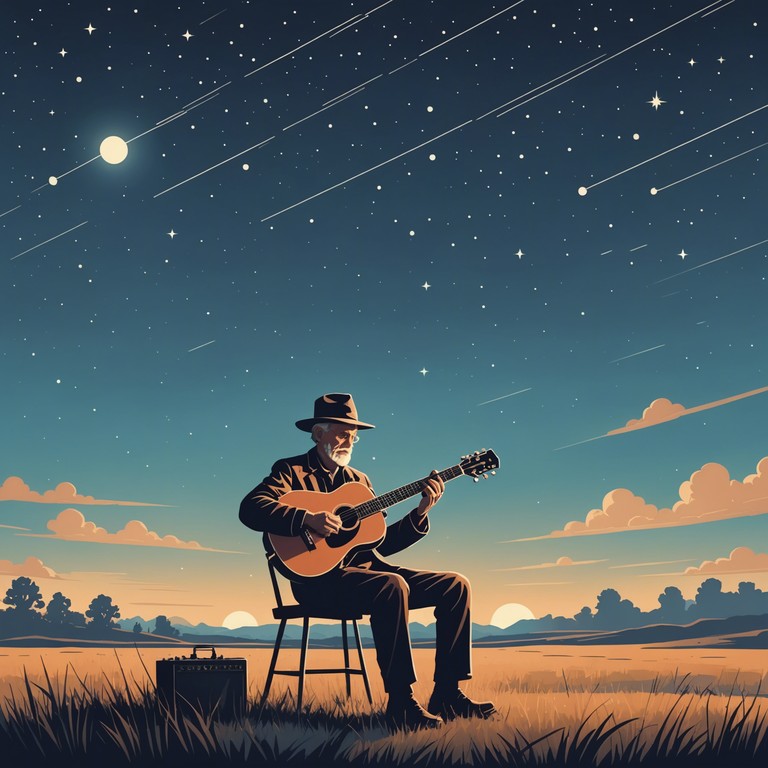 As the night envelops the prairie, a lone cowboy with his steel guitar plays soulful tunes that echo into the night, blending the angst of today with the spirit of yesteryear in a hauntingly beautiful performance.