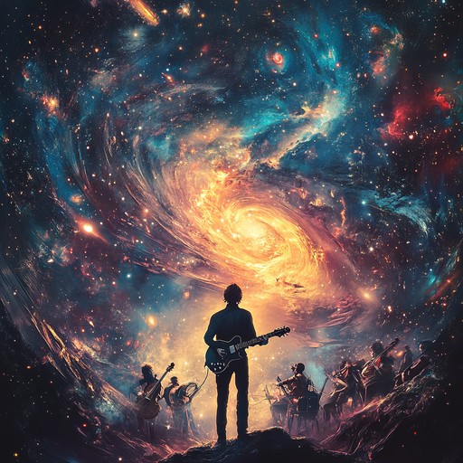 A grand symphony intertwines with electric guitar riffs, creating an epic soundscape that pushes the boundaries of rock and classical music. The track builds with dynamic crescendos, intricate solos, and lush orchestral arrangements, evoking a powerful journey through cosmic realms.