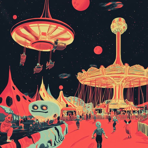 Picture an interstellar carnival teeming with alien clowns, peculiar vendors, and fantastic cosmic rides. This track combines electronic synthesis with frenetic percussion, creating a vivid soundscape of chaos and playfulness. The prominent use of the theremin gives it an eerie, whimsical flair, making listeners feel as though they've been transported to an otherworldly amusement park.