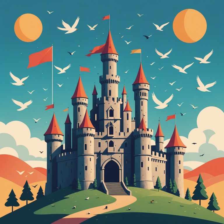 This alternative version focuses more on the exploration aspect of the castle, with a mix of enchantment and playful excitement within its musical notes. Perfect for any child's adventure story or fantasy role play.