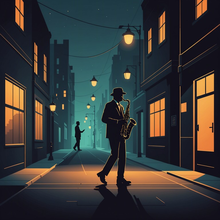 As darkness falls, a lone sax player fills the air with tunes that sway like the shadows around him. This musical composition evokes the chill of a noir film, infused with rhythms that celebrate and innovate traditional latin jazz, creating a soundtrack for a thrilling unseen narrative.