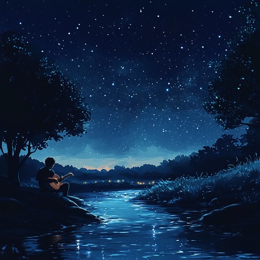 An exploration of peace and self through soft, melodic guitar tunes played gently under the vast, tranquil expanse of a nightly celestial event, where every strum reflects a star's twinkle.