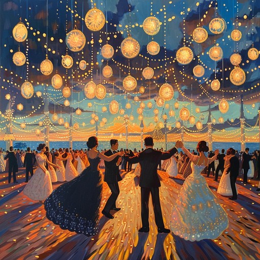 This spirited instrumental track embodies the lively nature of a twilight dance in an elegant ballroom. Up tempo rhythms and melodic interplays between the violin and piano evoke a sense of whimsy and joy, perfect for a festive evening of dance and celebration.