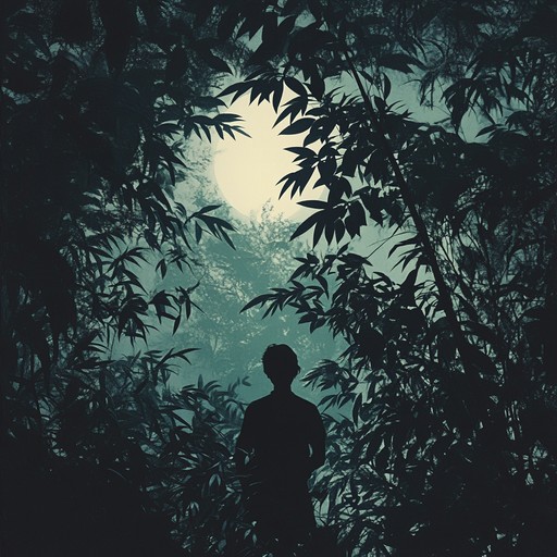 A haunting reggae track filled with deep bass lines, slow rhythmic skanking guitar, and mysterious synth effects, evoking the sensation of wandering through a moonlit jungle, feeling watched by unseen eyes