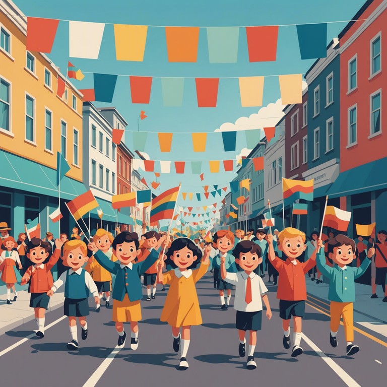 This musical piece encapsulates the feel of a children's parade celebrating a grand achievement, infused with effervescent sounds and triumphant melodies to evoke a sense of accomplishment and joy. This song utilizes playful rhythms and cheerful harmonies that embody the spirit of a victorious children's event, providing an uplifting atmosphere that encourages smiles and pride among young listeners.