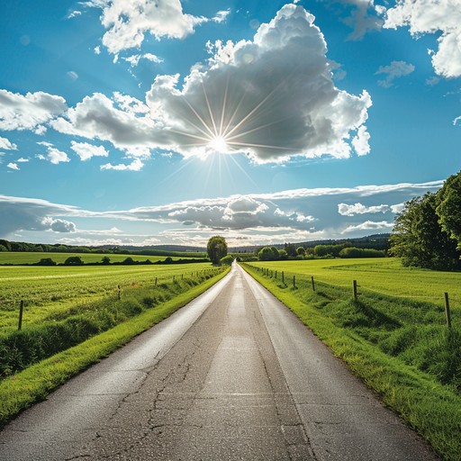 An upbeat, instrumental country song capturing the spirit of driving through open fields under a bright blue sky. The music is characterized by joyful guitar melodies and rhythmic claps, bringing about feelings of freedom and happiness. Perfect for evoking the bliss of a carefree summer road trip.