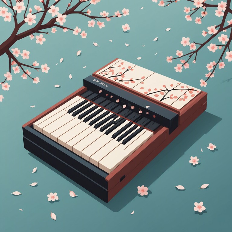 Imagine a serene scene where delicate cherry blossom petals gently fall into a quiet pond, reflecting a longing and peaceful solitude through the subtle plucking of koto strings.