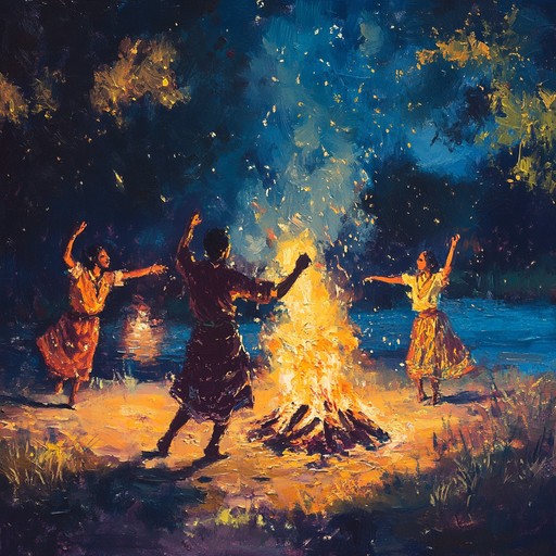 The composition blends the uplifting essence of traditional folk with vibrant dance rhythms, echoing the joyous release one feels by a flowing river. Acoustic guitar passionately leads as drums and percussion enliven the scene. A timeless celebration of unity and freedom through dance.