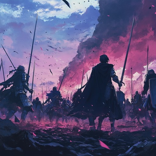 Powerful orchestral arrangement embodies the final stand of warriors facing their destiny. Violins and brass build tension, leading to dramatic vocalizations as the decisive moment approaches.