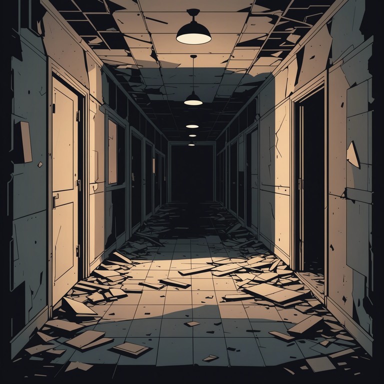 A haunting composition that captures the essence of a suspense filled journey through a forgotten asylum's dimly lit corridors, where each echo tells a story untold. The unsettling silence is broken only by sporadic whispers and distant footsteps that seem to follow the listener. The music intensifies the eerie atmosphere, enhancing the feeling of being watched from the shadows.