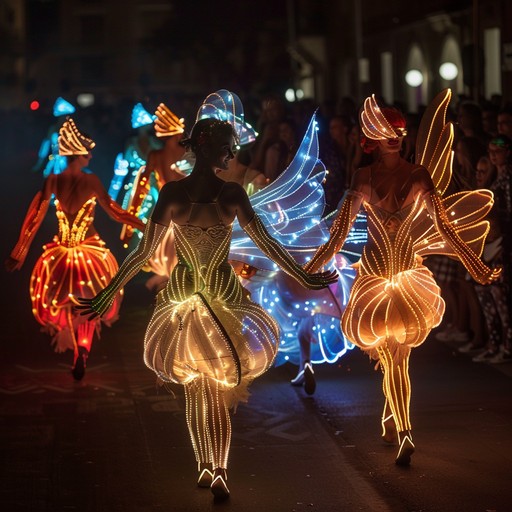 Experience the electrifying beats and exuberant tunes as performers dance and twirl in a parade full of lights and infectious joy.