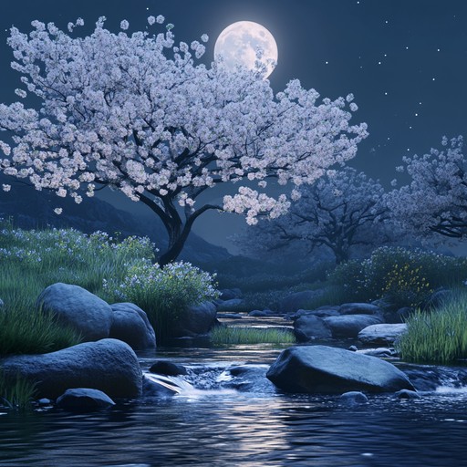 A serene instrumental capturing the haunting beauty of sakura trees swaying gently under a full moon. Utilizing traditional japanese instruments like the shamisen mixed with modern, ethereal synths, it creates an otherworldly ambiance. The gentle, flowing composition takes listeners on a soothing, night time journey through the delicate bloom, highlighting feelings of peace and wonder.