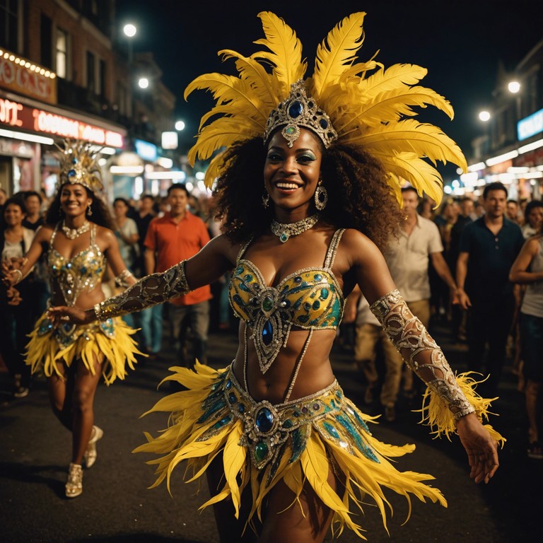 As dusk falls on the carnival, the crescendo of drums and the cuíca's distinctive sound accompany masqueraders in a frenzied, joyful escapade, where every moment bursts with life and rhythm